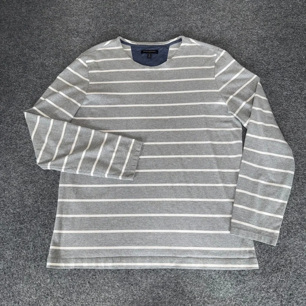 Banana Republic Mens Grey White Striped Long Sleeve Cotton T-Shirt Large Casual